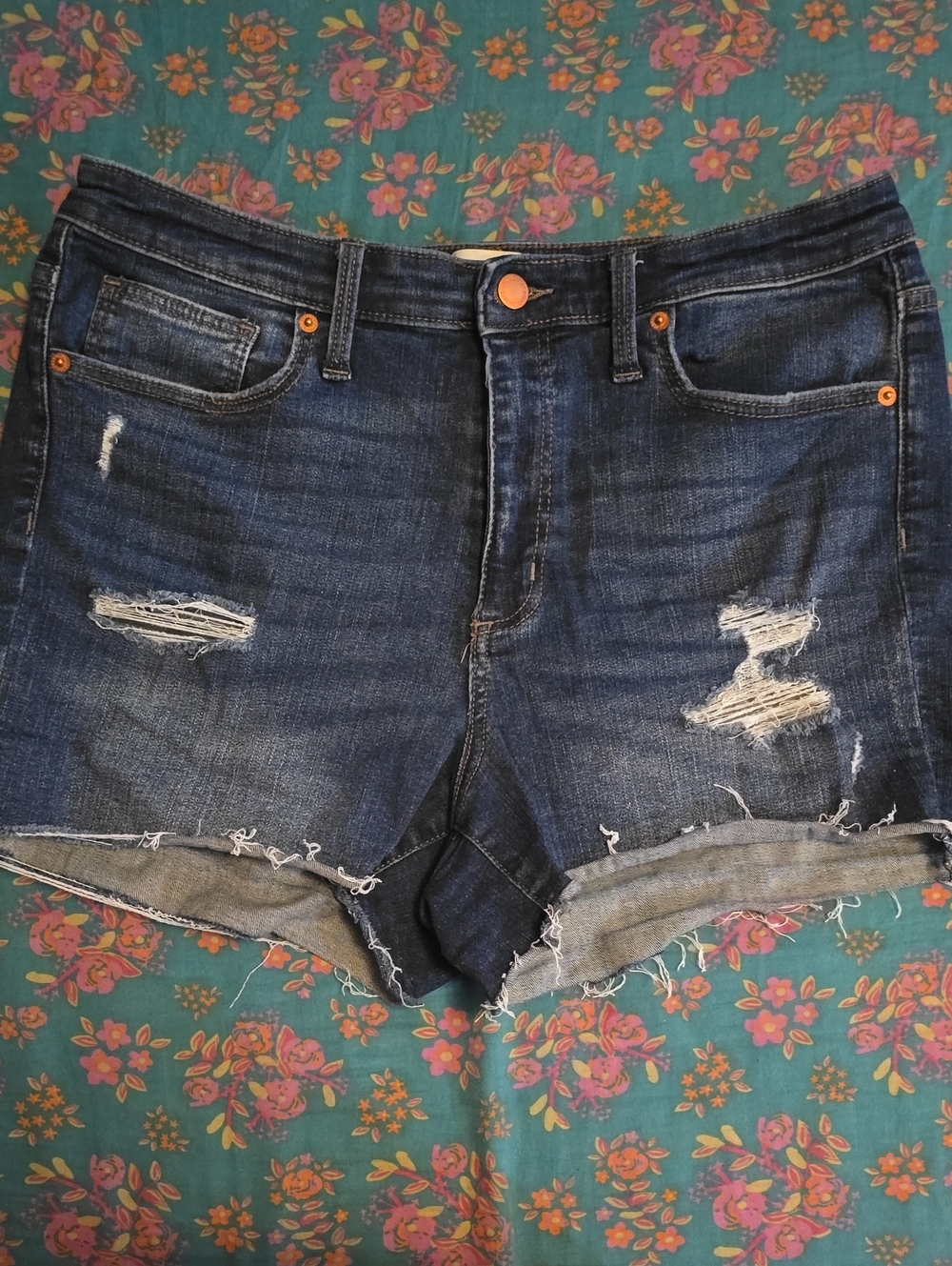 Dark Blue High Waisted Distressed Denim Shorts